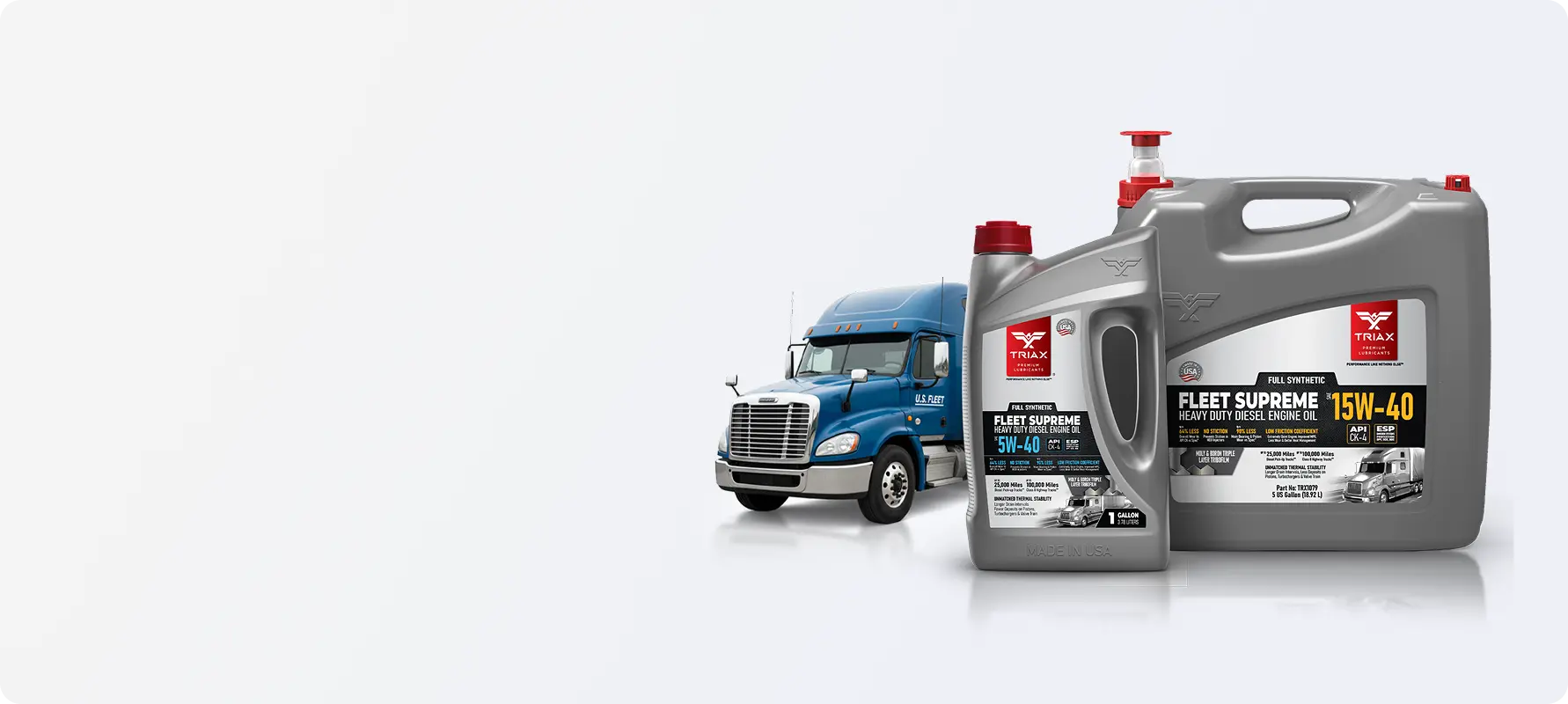 Two bottles of TRIAX oil with a blue truck in the background on a white background