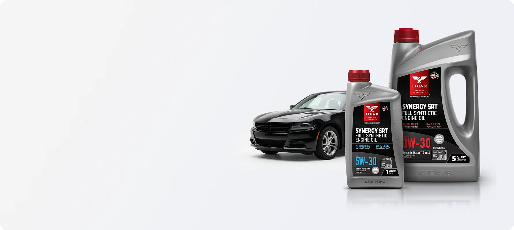 Two bottles of Synergy synthetic oil with a black car on a white background