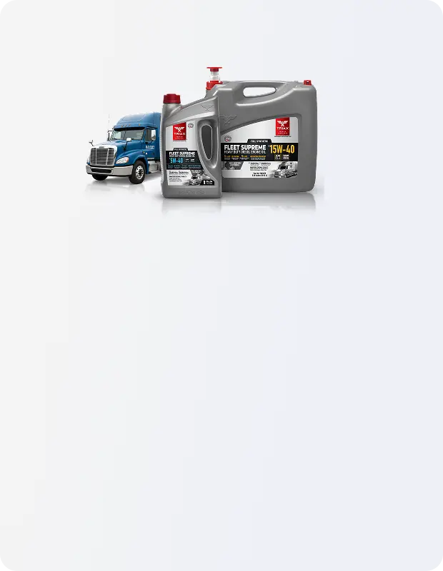 Two bottles of TRIAX oil with a blue truck in the background on a white background