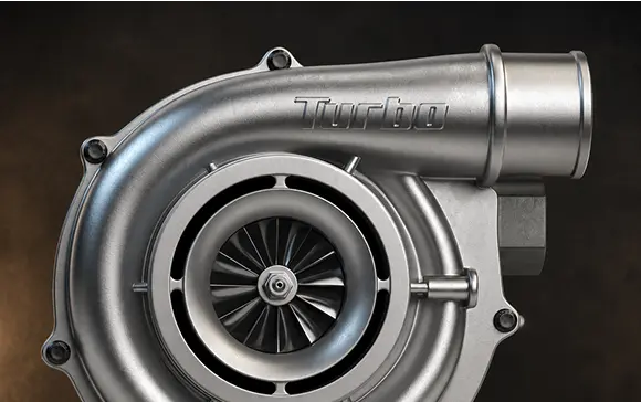 A close-up studio shot of a metallic turbocharger with the word 'Turbo' embossed on the side, set against a dark gradient background.
