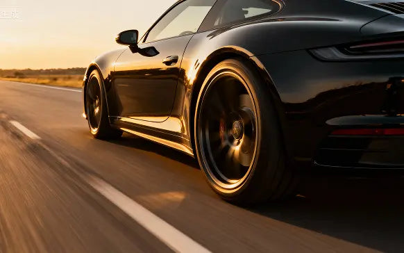 A black sports car driving on a road at sunset, captured from a low side angle with motion blur in the background.