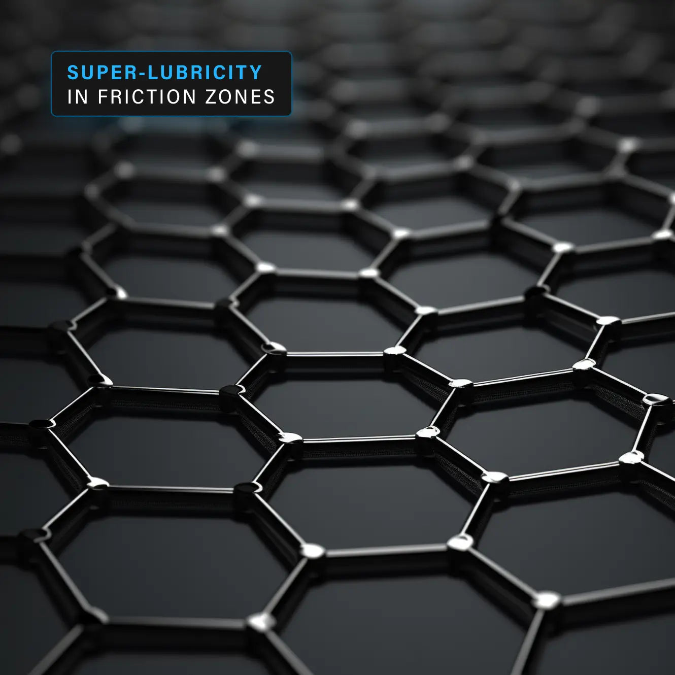 A close-up of a dark honeycomb or hexagonal textured surface with metallic-looking edges and small reflective nodes. A blue text label in the upper left reads 'SUPER-LUBRICITY IN FRICTION ZONES'.