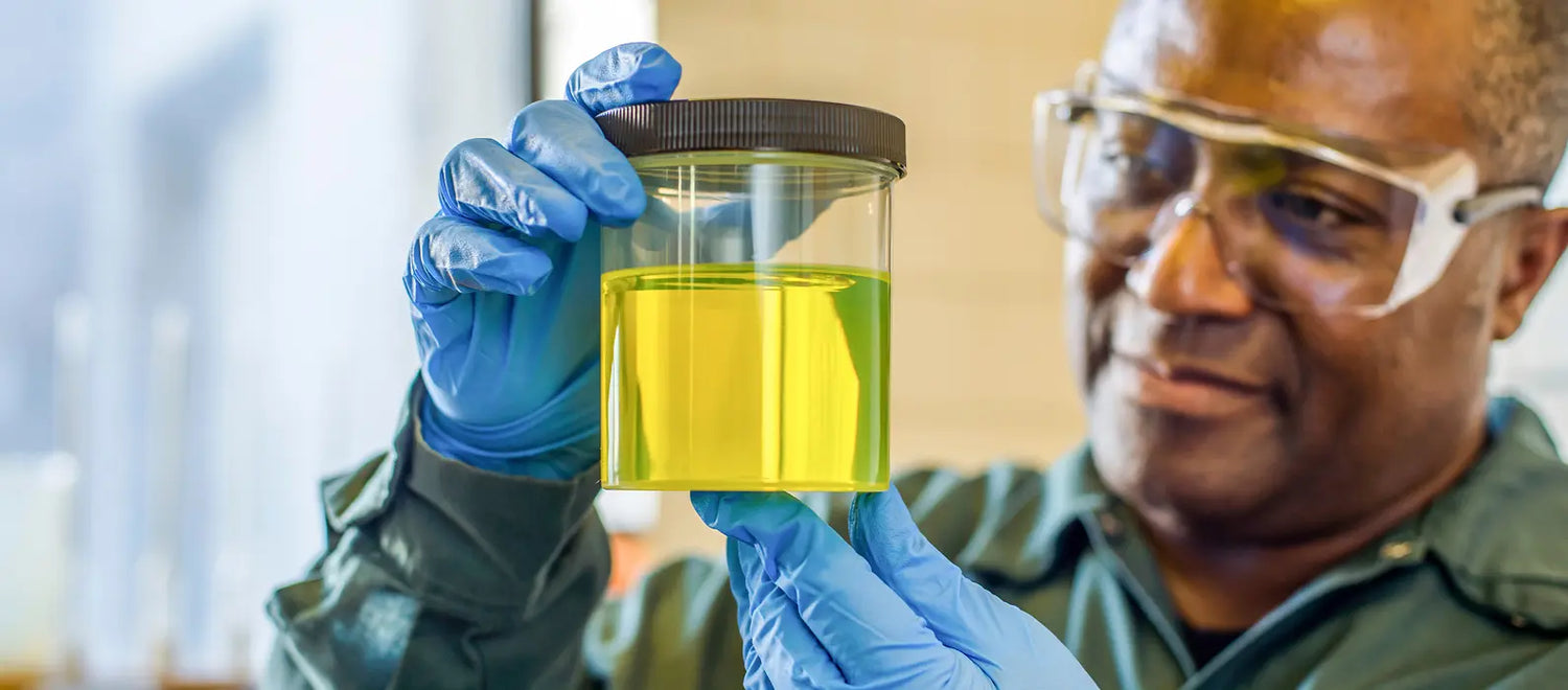 Person holding a container with oil in a laboratory setting