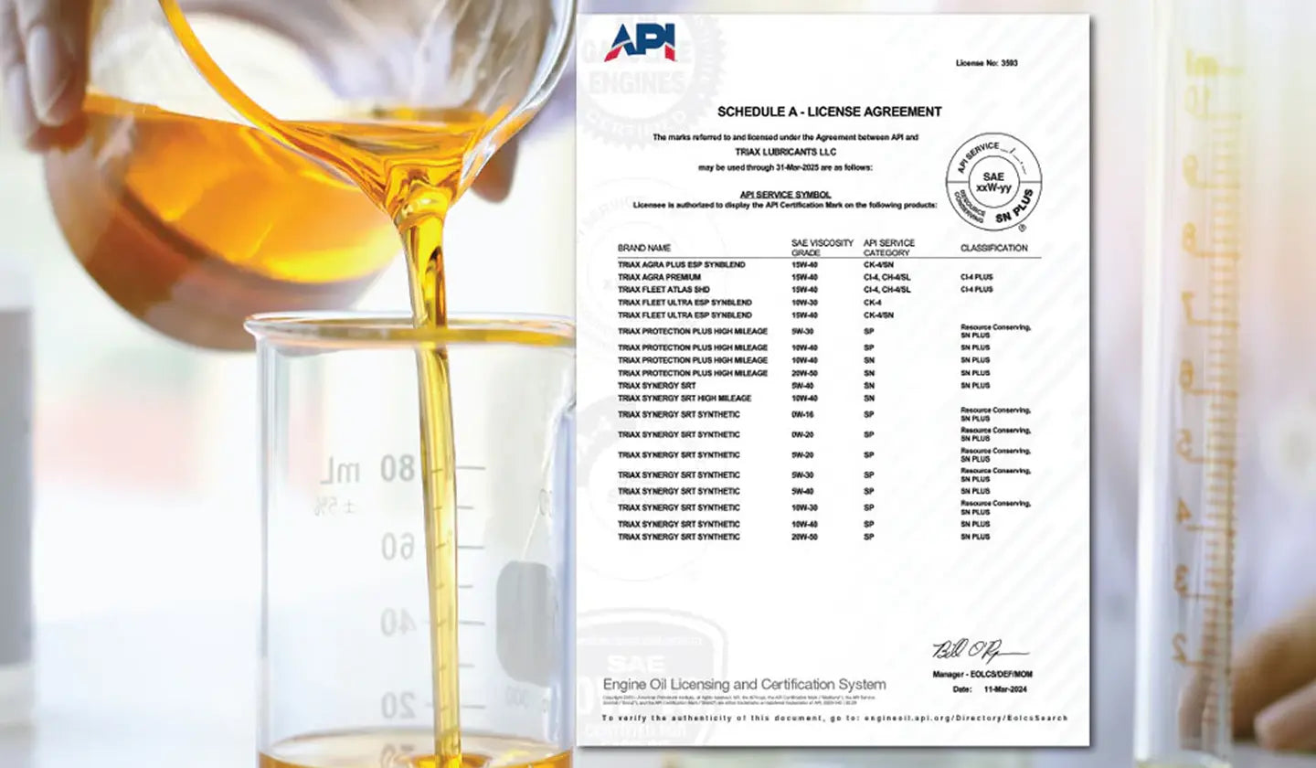 Oil being poured into a measuring container with API document in the background