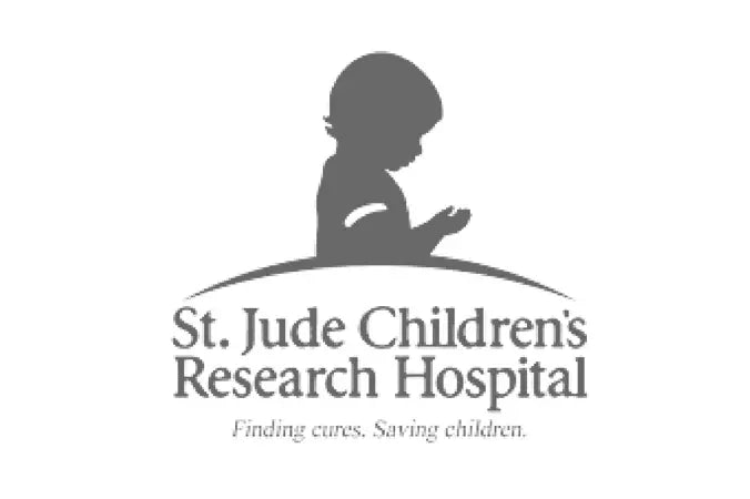 Logo of St. Jude Children's Research Hospital with a silhouette of a child holding a heart.