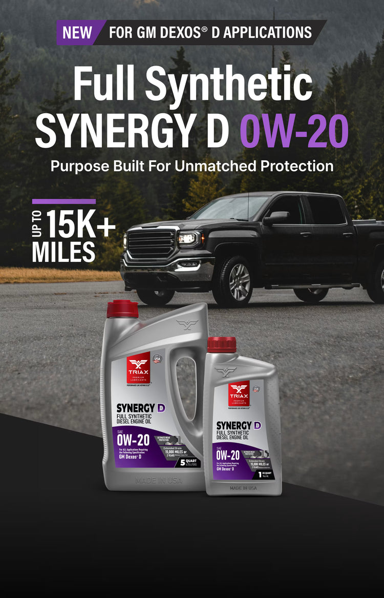 Advertisement for Synergy D 0W-20 synthetic engine oil with a pickup truck in the background.